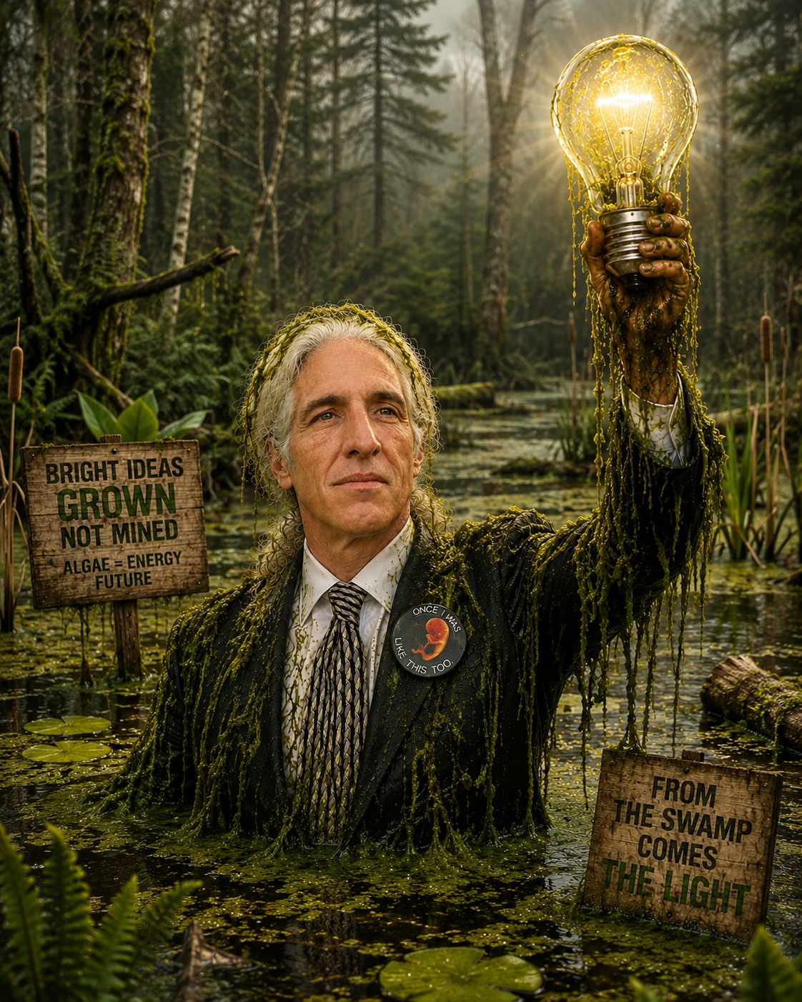 Alan Gordon raises a glowing light bulb while standing in an algae-covered wetland