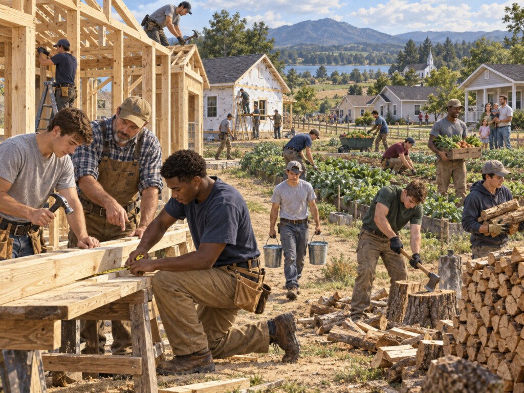 Men learning construction, farming, and practical skills in a structured community setting