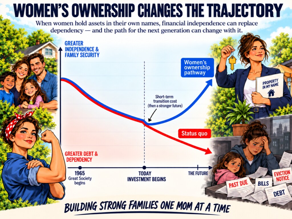 Illustration showing how women's ownership can increase family security and reduce debt and dependence