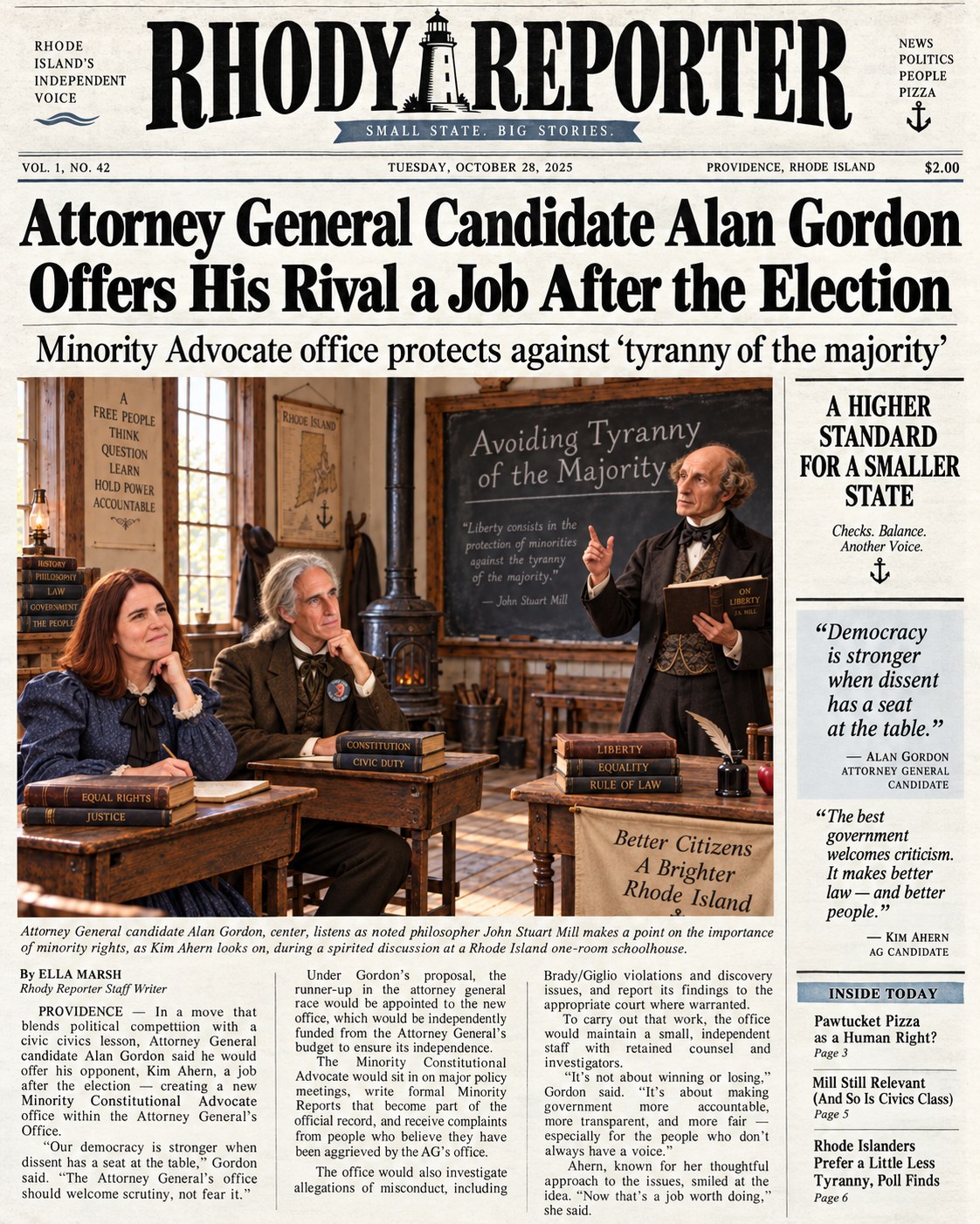 Parody Rhody Reporter front page about the Minority Constitutional Advocate proposal.