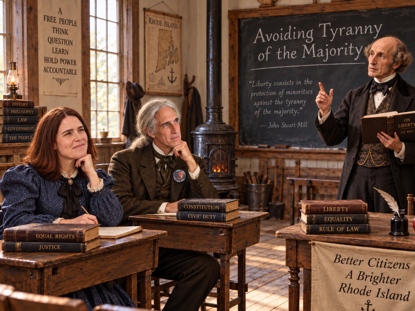 Historic one-room schoolhouse scene illustrating a lesson about avoiding tyranny of the majority.