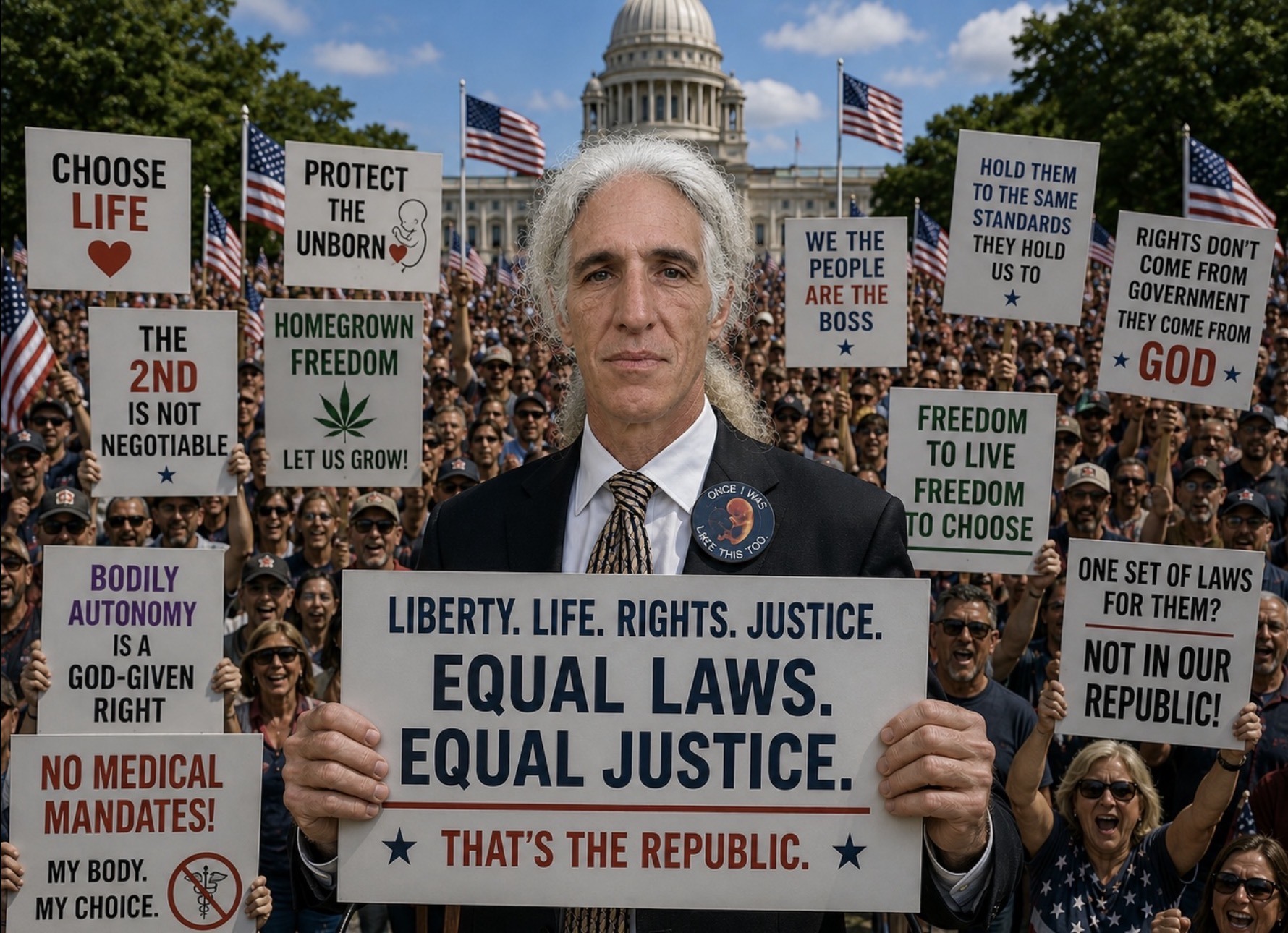 Alan Gordon at the Rhode Island State House holding a sign reading Equal Laws, Equal Justice