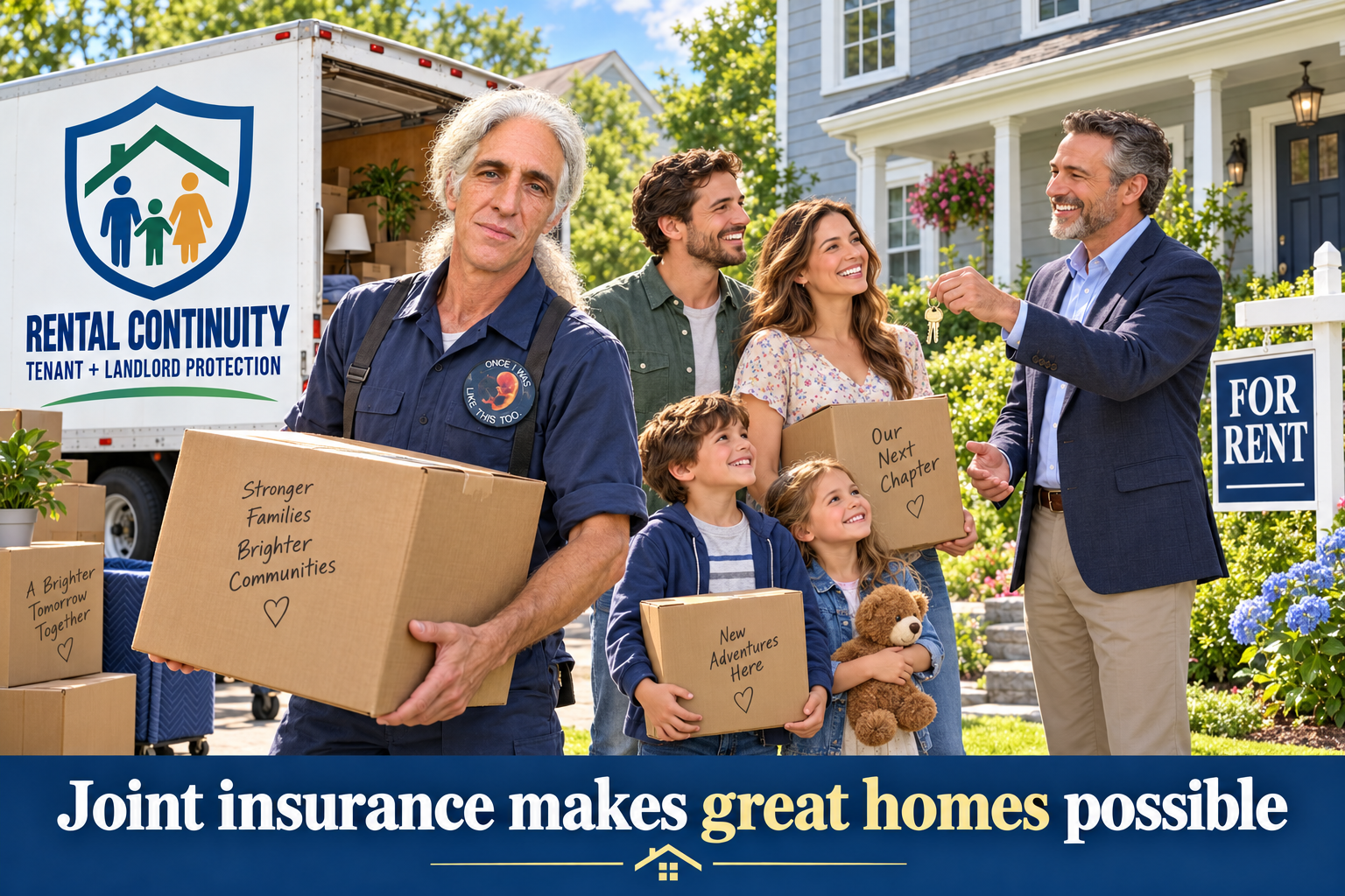 Alan Gordon, wearing his baby pin and dressed as a mover, helps a family with two children move into a rental home while the landlord welcomes them.