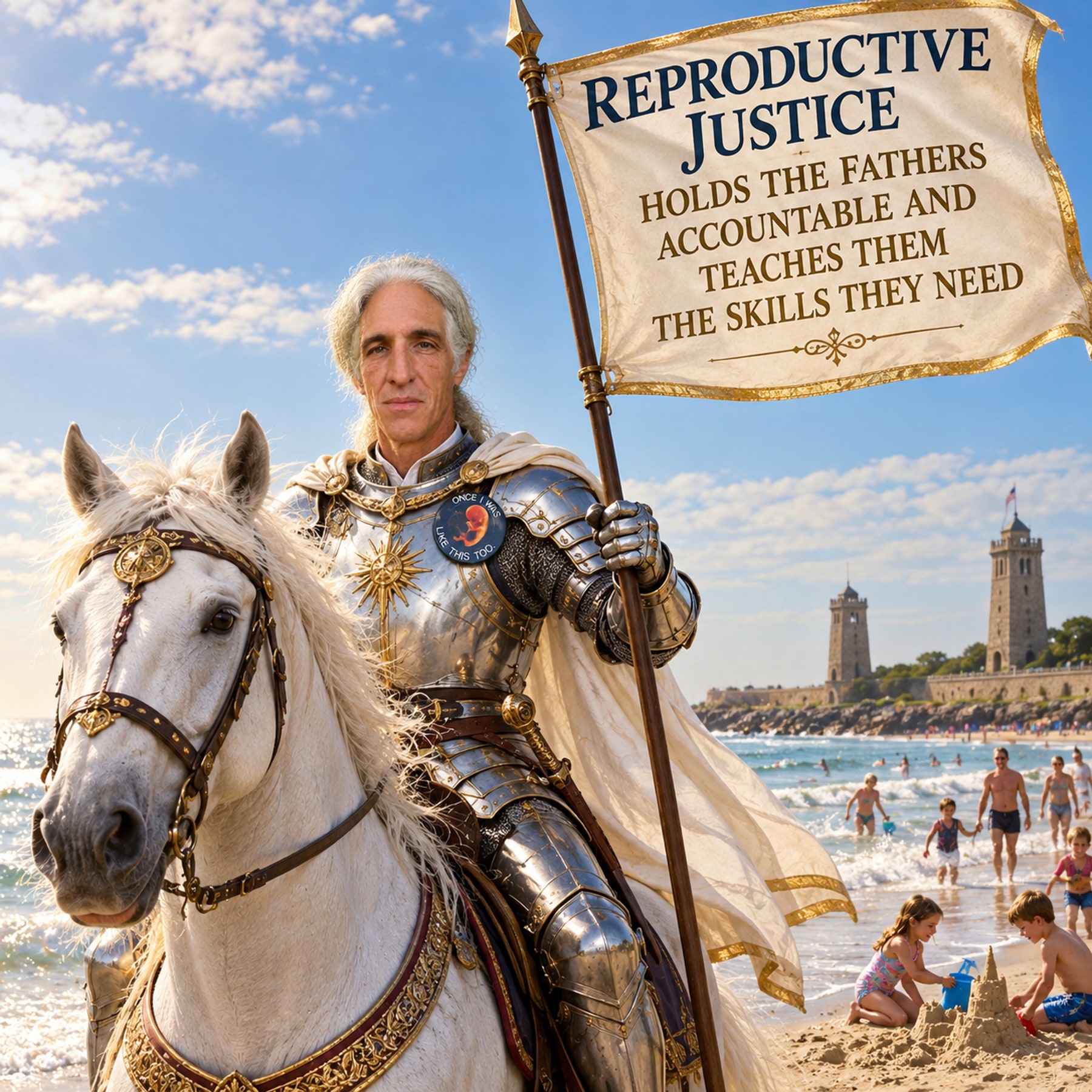Campaign illustration of Alan Gordon on a white horse holding a Reproductive Justice banner at a Rhode Island beach