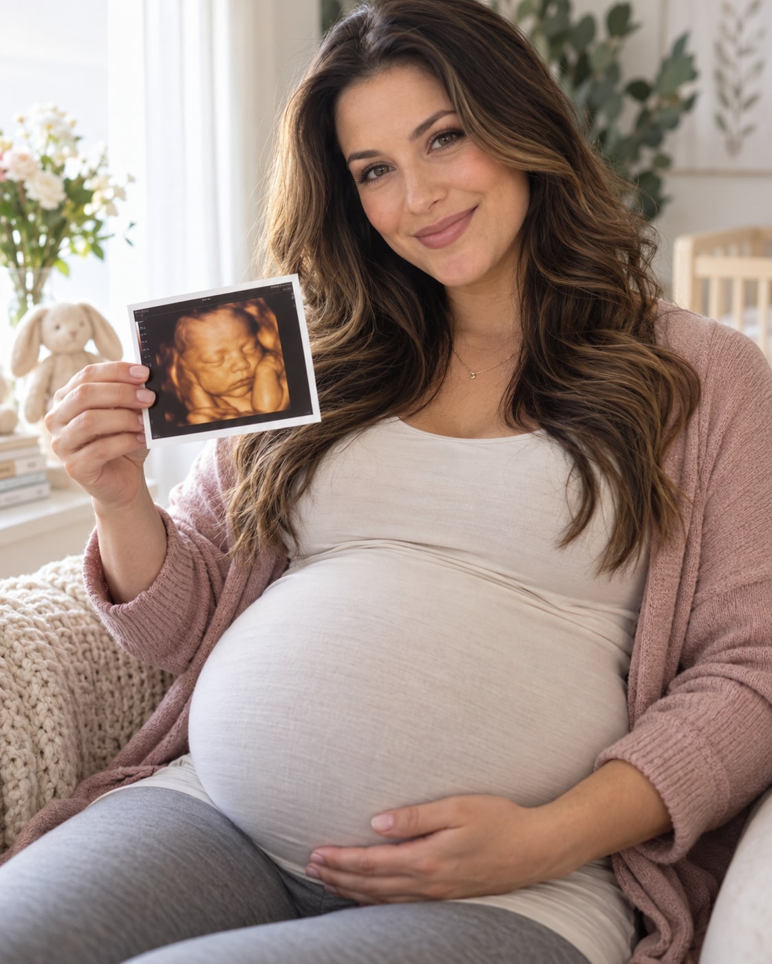 Pregnant woman holding a four-dimensional ultrasound image