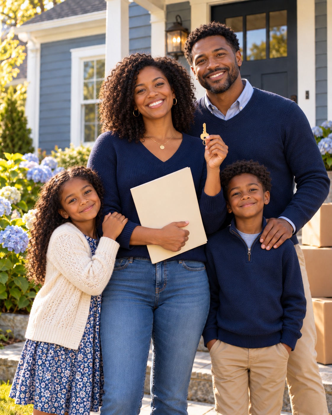 A Rhode Island mother holding the key and property documents to her family’s new home, with the father and their two children beside her